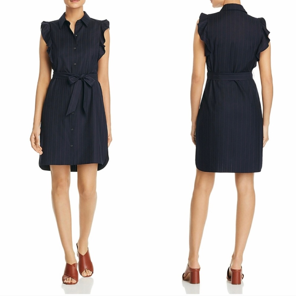 New T Tahari Dress Ruffles Navy Pinstripe Size 10 Short Navy Office Casual Tie